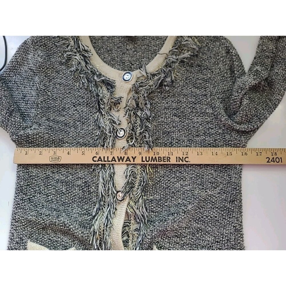 Vintage Y2K Fringe Cardigan Sweater S Shimmery Sparkle Knit Pockets Button - Picture 8 of 11